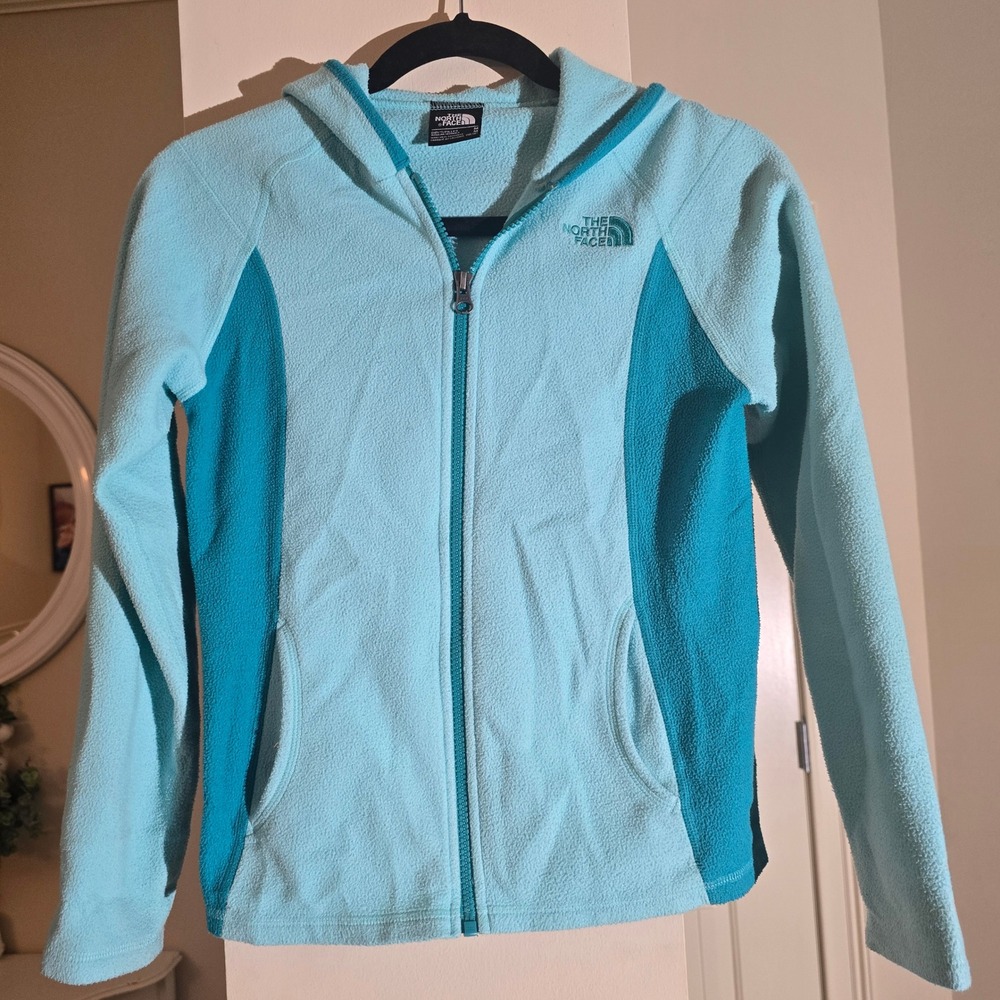 The North Face Girls Fleece Hoodie Full Zip‎ Blue Colorblock Jacket Size M 10/12